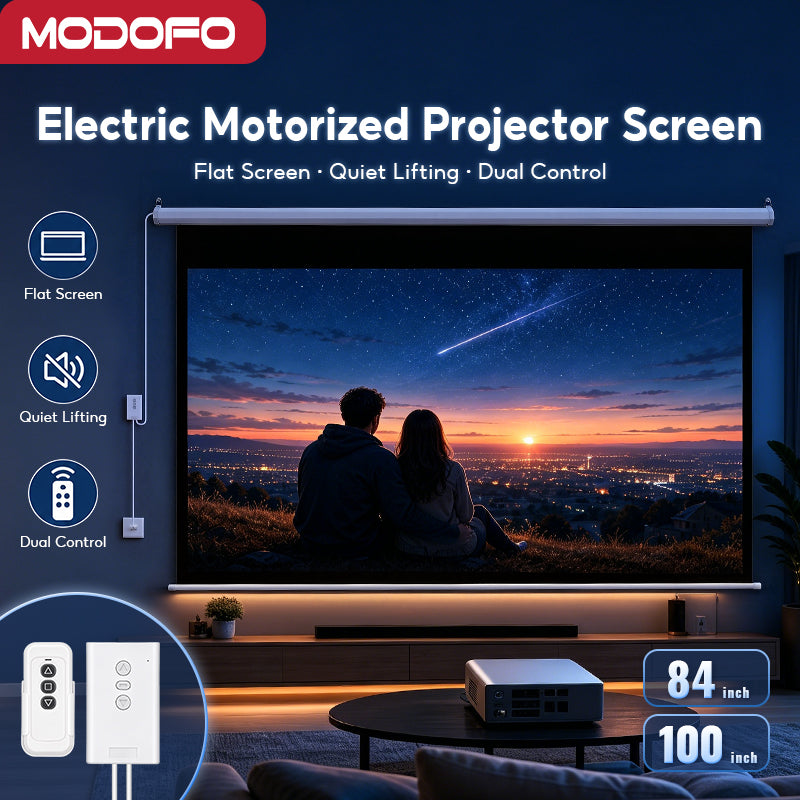MODOFO 84/100 inch Electric Motorized Projector Screen Silent 4K Roll Down Wall Mounted Home Cinema