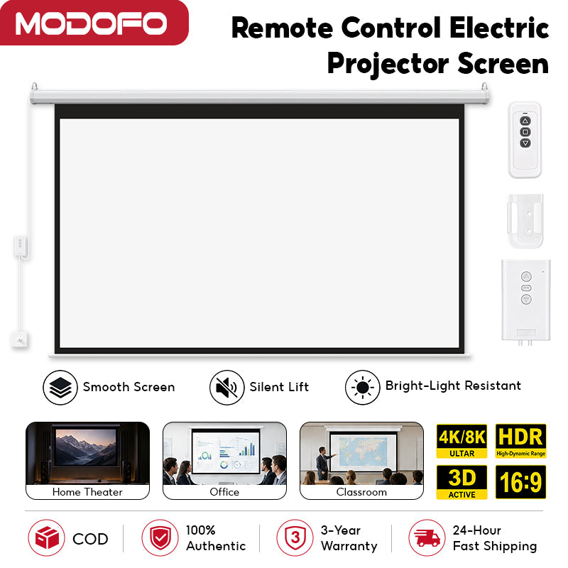 MODOFO 84/100 inch Electric Motorized Projector Screen Silent 4K Roll Down Wall Mounted Home Cinema