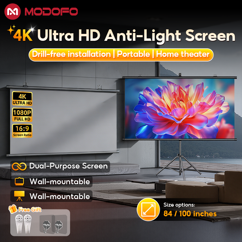 MODOFO Anti-light Projector Screen 84/100 Inch 16:9 Screen Pull Down Roll Up with Stand for Outdoor