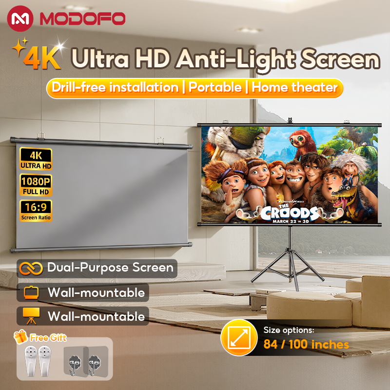 MODOFO Anti-light Projector Screen 84/100 Inch 16:9 Screen Pull Down Roll Up with Stand for Outdoor