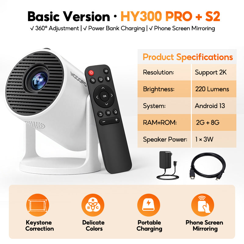 MODOFO HY300 PRO+S2 Mini Projector 2K/4K Portable Smart Proyektor WiFi Bluetooth for Home Cinema